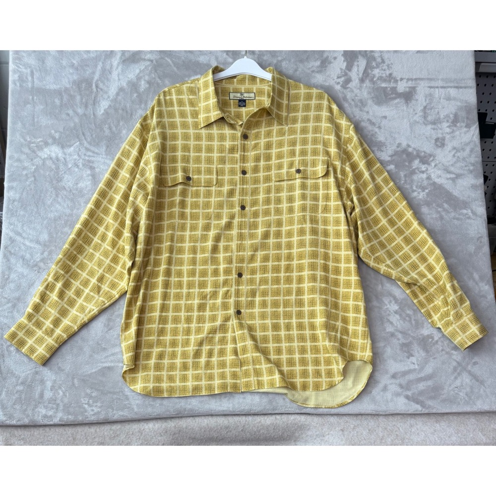 Tommy Bahama Mens XL Yellow Silk Grid Long Sleeve Button Down Shirt 100% Silk
